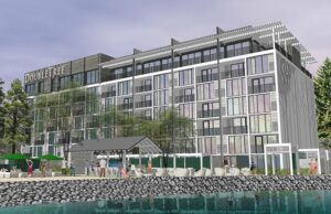 Architectural rendering of the planned $20 million DoubleTree by Hilton renovation of the Clarion Resort by the Lake hotel.