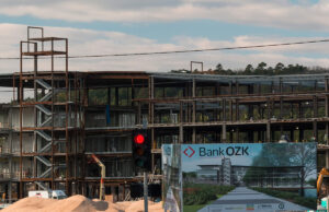 Construction continues last month on Bank OZK's $98.8 million headquarters in Little Rock.
