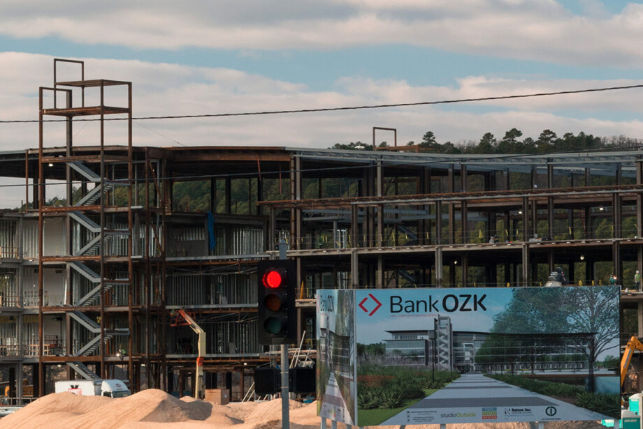 Construction continues last month on Bank OZK's $98.8 million headquarters in Little Rock.