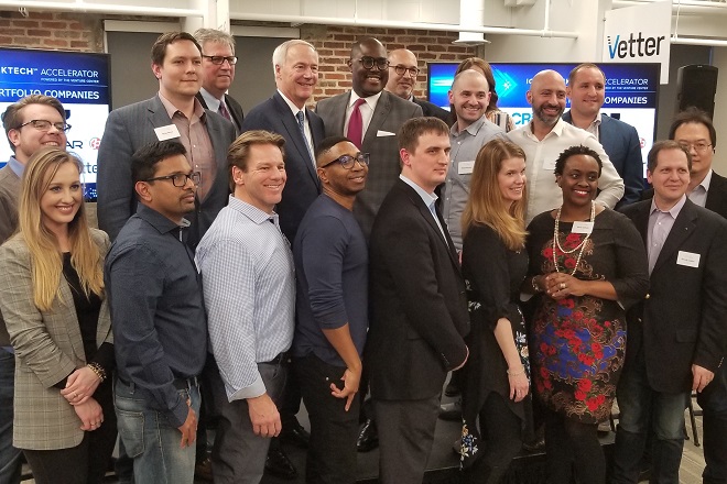 Representatives of the 10 startups selected for the inaugural ICBA ThinkTECH Accelerator pose for a photo with community leaders following a kickoff event held Wednesday in the Venture Center's office at the Littte Rock Technology Park.