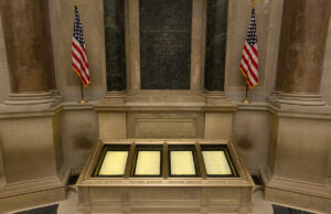 The U.S. Constitution is displayed inside the National Archives Museum in Washington, D.C.