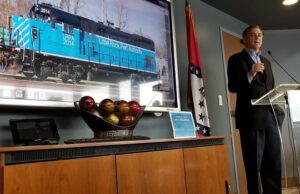 U.S. Rep. French Hill, R-Arkansas, speaks at the Little Rock Port Authority on Thursday during a celebration of the completion of the first phase of its two-phase, $10.5 million project.