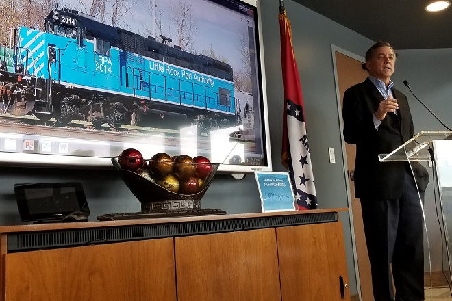 U.S. Rep. French Hill, R-Arkansas, speaks at the Little Rock Port Authority on Thursday during a celebration of the completion of the first phase of its two-phase, $10.5 million project.