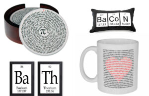 Some of the items Neurons Not Included sells through Amazon include, beginning clockwise from top left, a 4-piece sandstone "Value of Pi" coaster set, an embroidered pillow spelling out BaCoN, the "I Love You" coffee mug featuring a heart made out of binary numbers, and a set of plaques spelling out BaTh.
