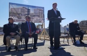 Taggart Architects CEO Bill Gray speaks during the groundbreaking held Tuesday for the firm's new headquarters at 600 Main St. in the Argenta Historic District of North Little Rock. The new building will also house the&nbsp;Arkansas Automobile Dealers Association and the North Little Rock Convention & Visitors Bureau.