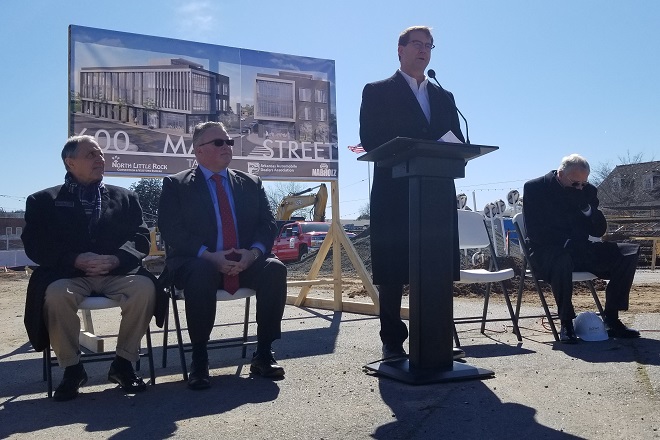 Taggart Architects CEO Bill Gray speaks during the groundbreaking held Tuesday for the firm's new headquarters at 600 Main St. in the Argenta Historic District of North Little Rock. The new building will also house the&nbsp;Arkansas Automobile Dealers Association and the North Little Rock Convention & Visitors Bureau.