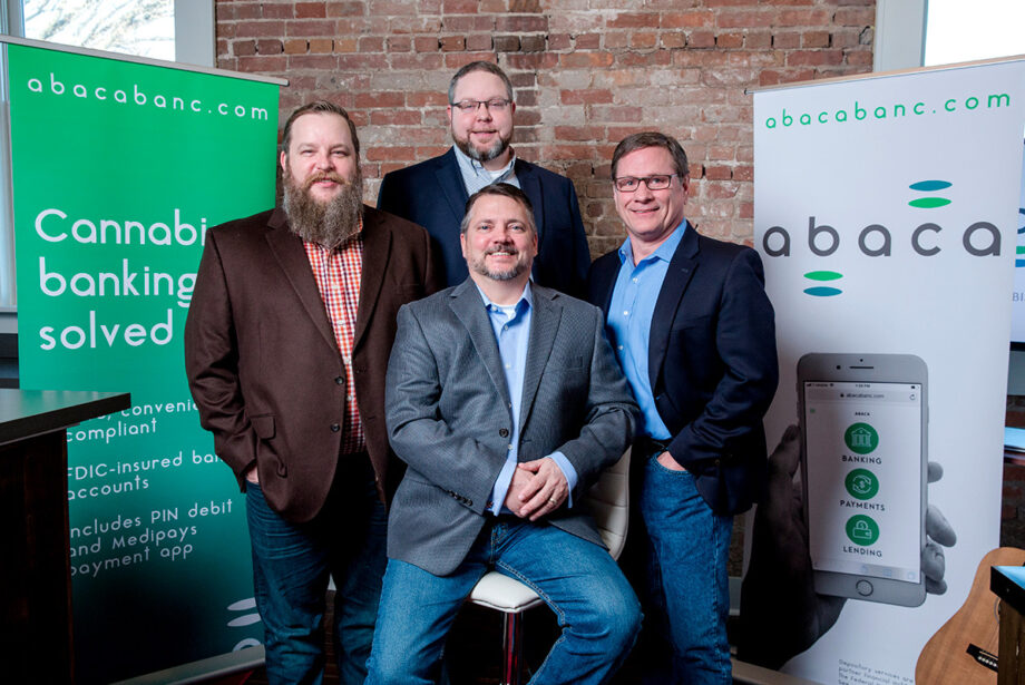 Abaca Banc is  offering banking services to the medical marijuana industry in Arkansas, Oklahoma, Louisiana and other states. Members include Greg Ellis (seated), and from left to right, Dan Roda, Reed Lewallen and John Foley.