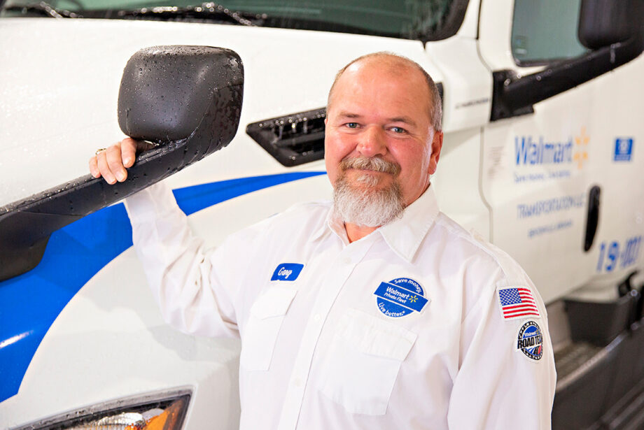 Gary Mars, a Walmart certified driver trainer, has 28 years of experience driving rigs. He’s seen here outside the Walmart distribution center in Bentonville.