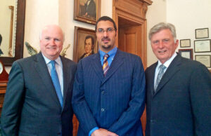 Jim Phillips, chairman and CEO of Nanomech, with Saudi Prince Saud bin Khalid Al-Faisal and Gov. Mike Beebe in 2014. A $10 million investment by Saudi Aramco Energy Ventures followed in 2016.