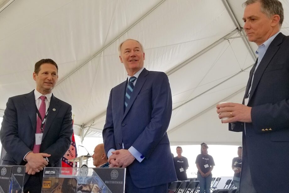 From left: SIG Sauer CEO&nbsp;Ron Cohen, Gov. Asa Hutchinson and U.S. Rep. French Hill, R-Ark.