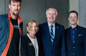 From left to right,&nbsp;WeWork co-founder Miguel McKelvey,&nbsp;Bentonville Mayor Stephanie Orman, Gov. Asa Hutchinson and Bentonville Area Chamber of Commerce President and CEO Graham Cobb.&nbsp;