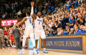 Duke basketball players RJ Barrett & Zion Williamson high-five each other during an 84-54 victory against Hartford in December 2018.