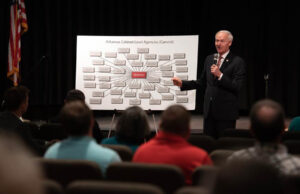 Gov. Asa Hutchinson presents his plan for state government reorganization at a Bentonville town hall meeting last year.