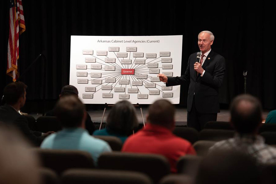 Gov. Asa Hutchinson presents his plan for state government reorganization at a Bentonville town hall meeting last year.