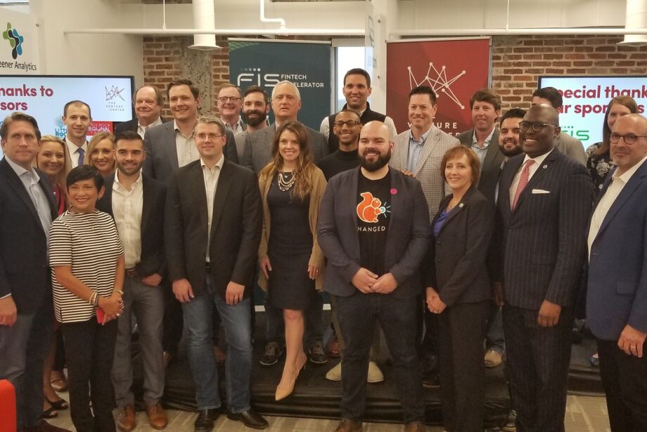 Executives of startups selected for FIS' and the Venture Center's 2019 Fintech Accelerator pose for a group photo with community leaders, Venture Center staff and others at the kickoff event for the program.