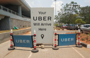 An Uber taxi pick-up point awaits travelers at the  Rajiv Gandhi Airport in Hyderabad, India.