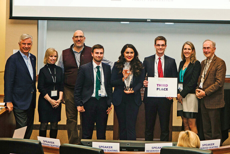 The Vascugenix team poses for a photo after winning third place in the Schulze Entrepreneurship Challenge.