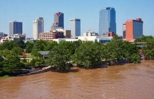 The Arkansas River swells over into Little Rock's Riverfront Park on June 2.
