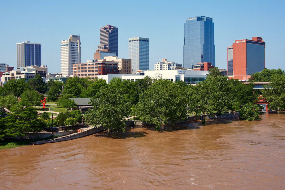 The Arkansas River swells over into Little Rock's Riverfront Park on June 2.
