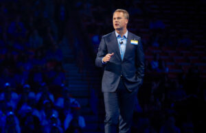 Doug McMillon speakers at the 2019 Walmart shareholders' meeting at Bud Walton Arena in Fayetteville.