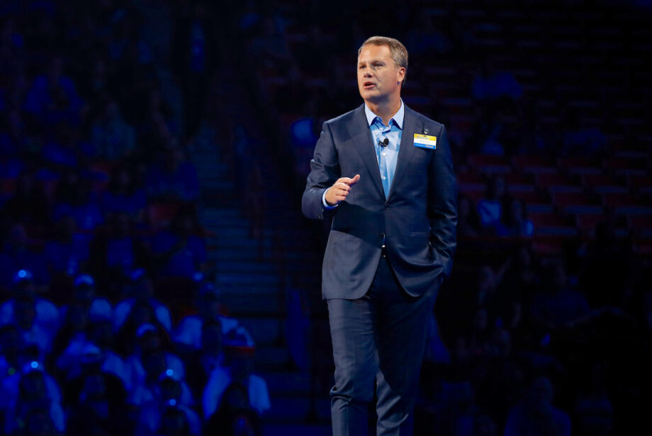Doug McMillon speakers at the 2019 Walmart shareholders' meeting at Bud Walton Arena in Fayetteville.
