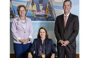 From left, Marcy Doderer, president and CEO of Arkansas Children&rsquo;s Hospital;&nbsp;Dr. Jill Fussell, chair holder of the Harvey and Bernice Jones Endowed Chair in Developmental Pediatrics; and UAMS Chancellor Dr. Cam Patterson.