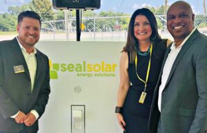 Seal Solar CEO Josh Davenport, COO Heather Nelson and Jefferson County Judge Gerald Robinson at the dedication of the state's first county-owned solar array this month. Seal Solar, based in Little Rock, has installed a solar array for United Arkansas Credit Union in southwest Little Rock, making it Arkansas' first sun-powered financial institution.