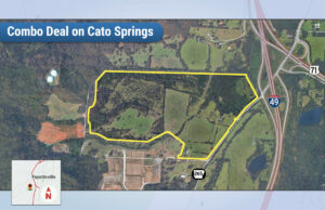 The 232 acres, outlined in approximate dimensions above, sits near Kessler Mountain Regional Park in Fayetteville.