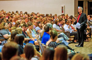 President Bruce McLarty addresses the first chapel assembly of the fall 2019 semester at Harding University in Searcy.