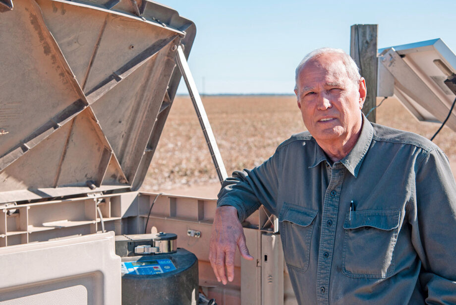 Steve Stevens, a Discovery Farms Program participant and cotton farmer, shows off equipment on his farm southeast of Dumas in Desha County.