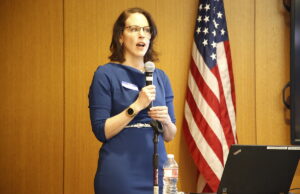 Anna Tucker Ashton, a Little Rock native who serves as senior director of government affairs at the U.S.-China Business Council, speaks Thursday at a workshop on the U.S.-China trade dispute hosted by the Arkansas Association of Asian Businesses.
