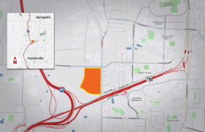 Richardson Properties bought 38 acres of undeveloped land, shown above in orange, near the Interstate 49/ Highway 71B split in Fayetteville.
