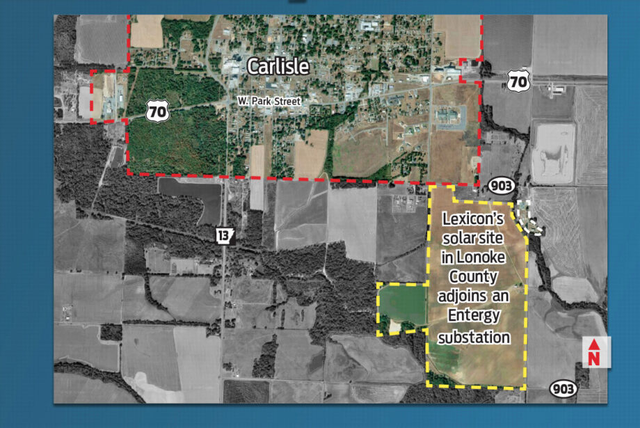One of Lexicon’s two planned solar plants will be on 336 acres south of Carlisle. Seal Solar is building the array, along with a second project in Blytheville, where Lexicon has a facility.