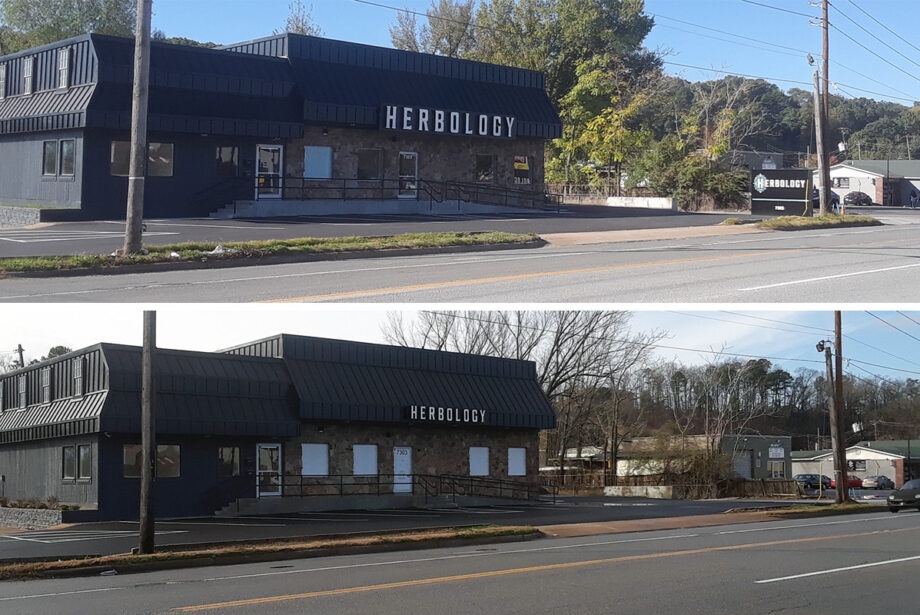 At top, Herbology's original signage at 7303 Kanis Road in Little Rock is shown from last October. The property's new toned-down displays, installed last week, are shown in the bottom image.