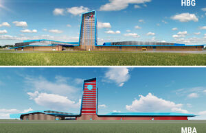 Saracen Casino Resort’s renderings by Marlon Blackwell Architects of Fayetteville are at the bottom. Saracen Development released HBG Design’s images, at top, in a news release in December. Blackwell’s  images were provided by MBA’s attorney, Mark Henry of Fayetteville.