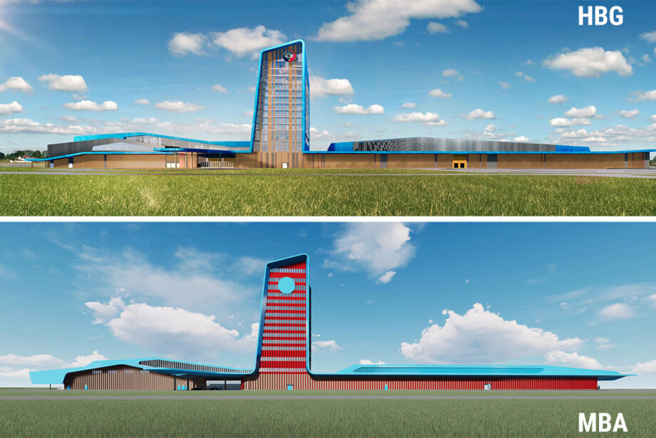 Saracen Casino Resort’s renderings by Marlon Blackwell Architects of Fayetteville are at the bottom. Saracen Development released HBG Design’s images, at top, in a news release in December. Blackwell’s  images were provided by MBA’s attorney, Mark Henry of Fayetteville.
