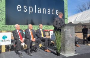 Developer Blake Jackson of The Monde Group speaking during a groundbreaking ceremony for Esplande in North Little Rock.