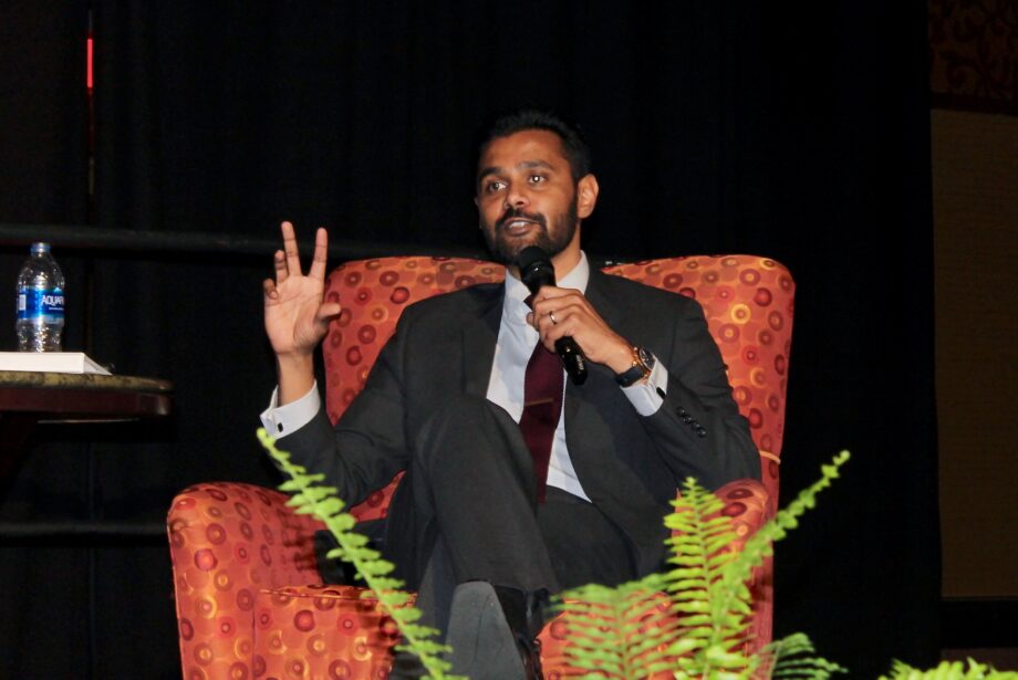 Mervin Jebaraj, director of the Center for Business and Economic Research at the University of Arkansas' Walton College of Business, speaks during an economic forecast conference on Thursday.&nbsp;