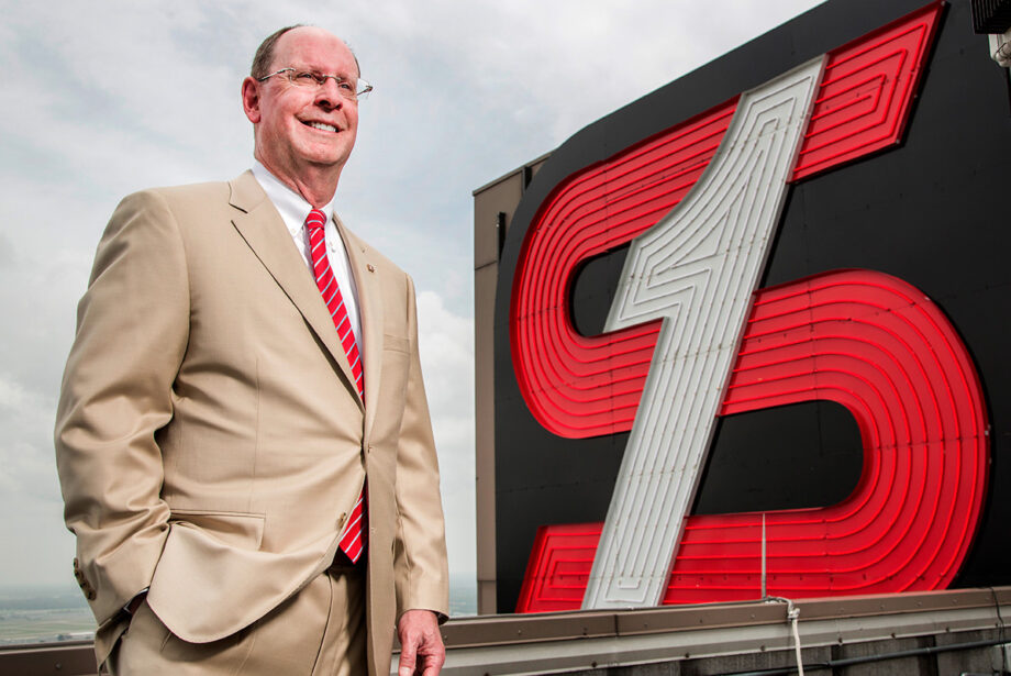 George Makris, CEO of Simmons First National Corp., stands atop the state's tallest building, the Simmons Tower, in 2015.