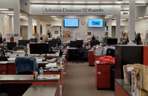 The Arkansas Democrat-Gazette’s virtually abandoned newsroom last week.