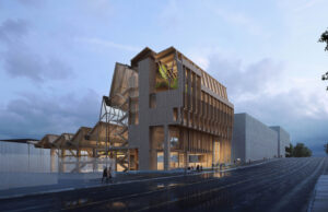 Grafton Architects' conceptual design proposal for the Anthony Timberlands Center for Design and Materials Innovation at the University of Arkansas.