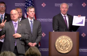 Gov. Asa Hutchinson holds a chart showing the rise of confirmed cases of the coronavirus in Arkansas.