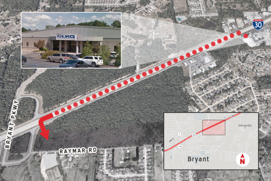 LKQ Corp. in Bryant plans to move its automotive warehouse just over a mile west down Interstate 30 in the proximity of Raymar Road. (Parcel location is approximate.)