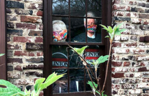 Cardboard Clintons quarantined at the Clinton House Museum in Fayetteville.