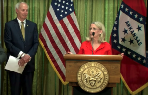 Kelly Eichler, an owner of the Little Rock Athletic Club and a member of the Governor&rsquo;s Economic Recovery Task Force,&nbsp;speaks at a Thursday news conference.&nbsp;