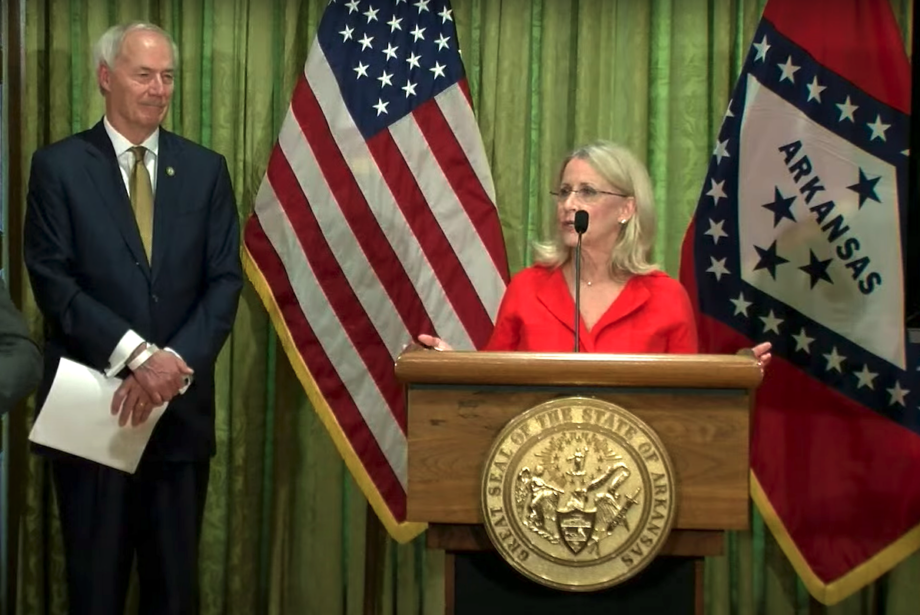 Kelly Eichler, an owner of the Little Rock Athletic Club and a member of the Governor&rsquo;s Economic Recovery Task Force,&nbsp;speaks at a Thursday news conference.&nbsp;