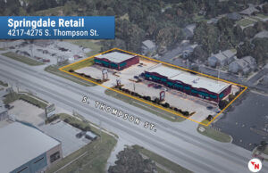 A 16,000-SF retail center on South Thompson Street in Springdale. (Parcel lines are approximate.)