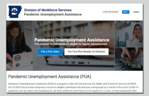 A screenshot of the Arkansas Division of Workforce Services' Pandemic Unemployment Assistance website at pua.arkansas.gov.