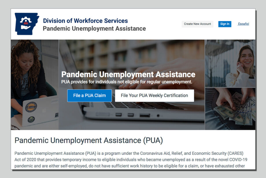 A screenshot of the Arkansas Division of Workforce Services' Pandemic Unemployment Assistance website at pua.arkansas.gov.