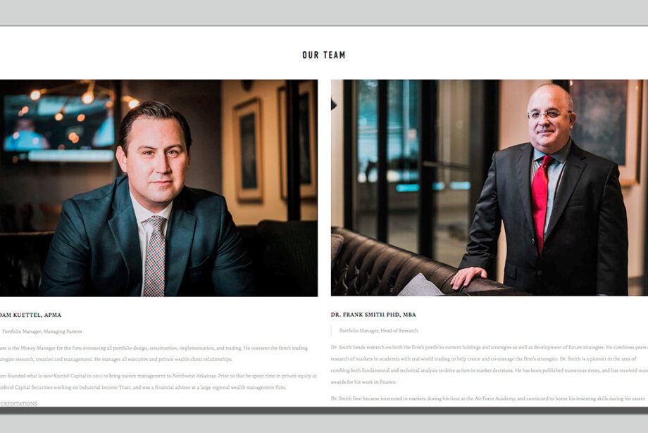 The “Our Team” category on Kuettel Capital’s website lists Adam Kuettel, left, and Frank Smith, who was touted as its portfolio manager, head of research. But Smith said last week he hasn’t done work for the Bentonville firm in 17 months.